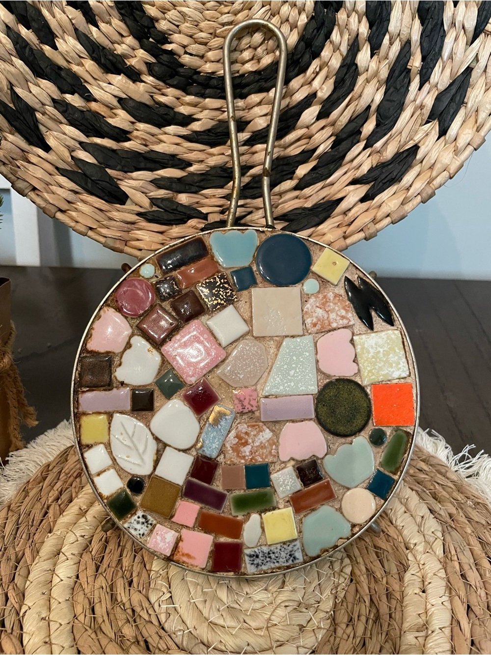 Vintage Mosaic Wall Accent in Pink, Blue, Green, Orange and Cream trivet